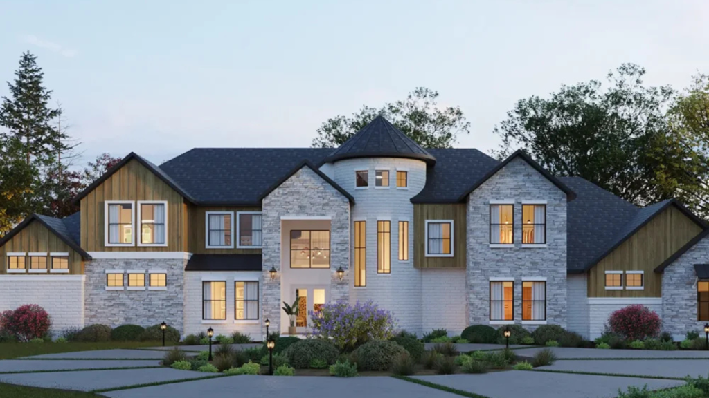Luxury custom-built two-story home with stone and wood exterior, large windows, turret feature, and landscaped front yard with pathway and garden lighting at dusk.
