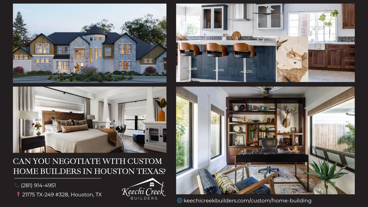 Luxury custom-built two-story home with a turret, brick and stone exterior, surrounded by trees and landscaped yard in Houston, Texas.