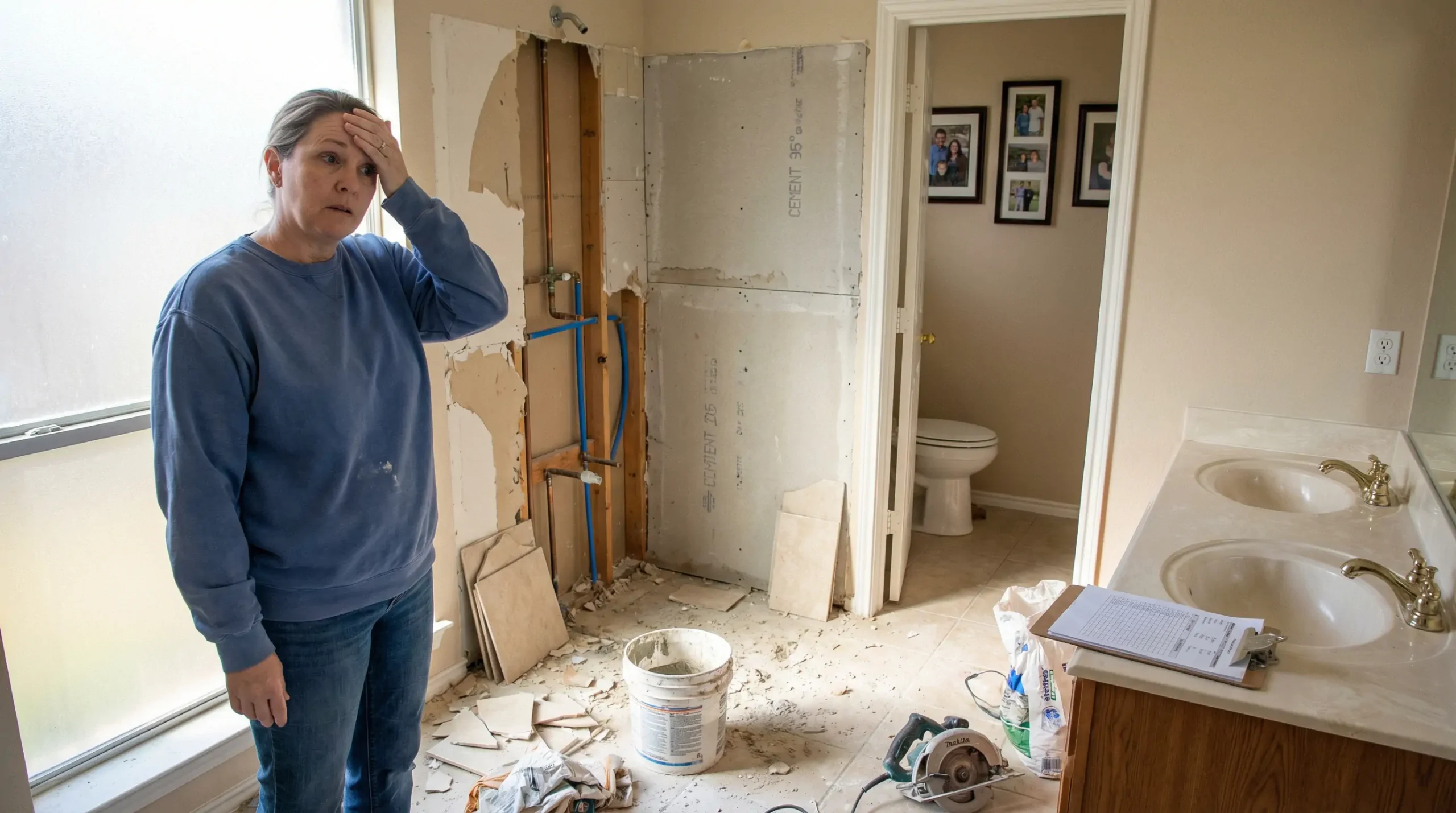 Homeowner examining abandoned bathroom remodel project with exposed plumbing and unfinished work in Texas home