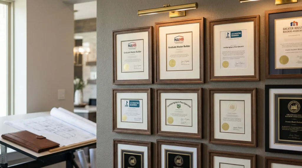 Professional bathroom contractor credentials and NAHB certifications displayed on office wall in Cypress Texas