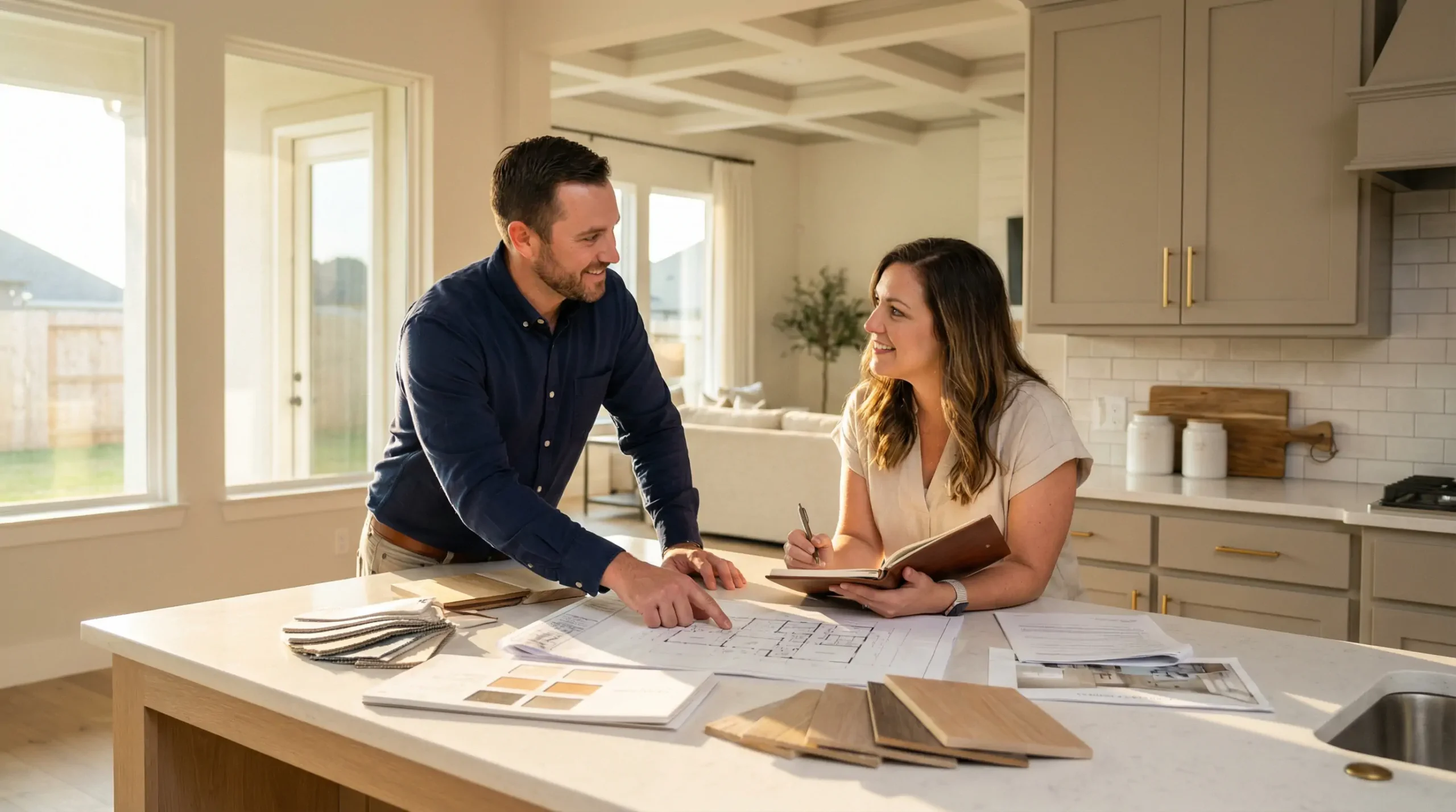 Homeowner interviewing a bathroom contractor during consultation in Cypress Texas home with renovation plans on table