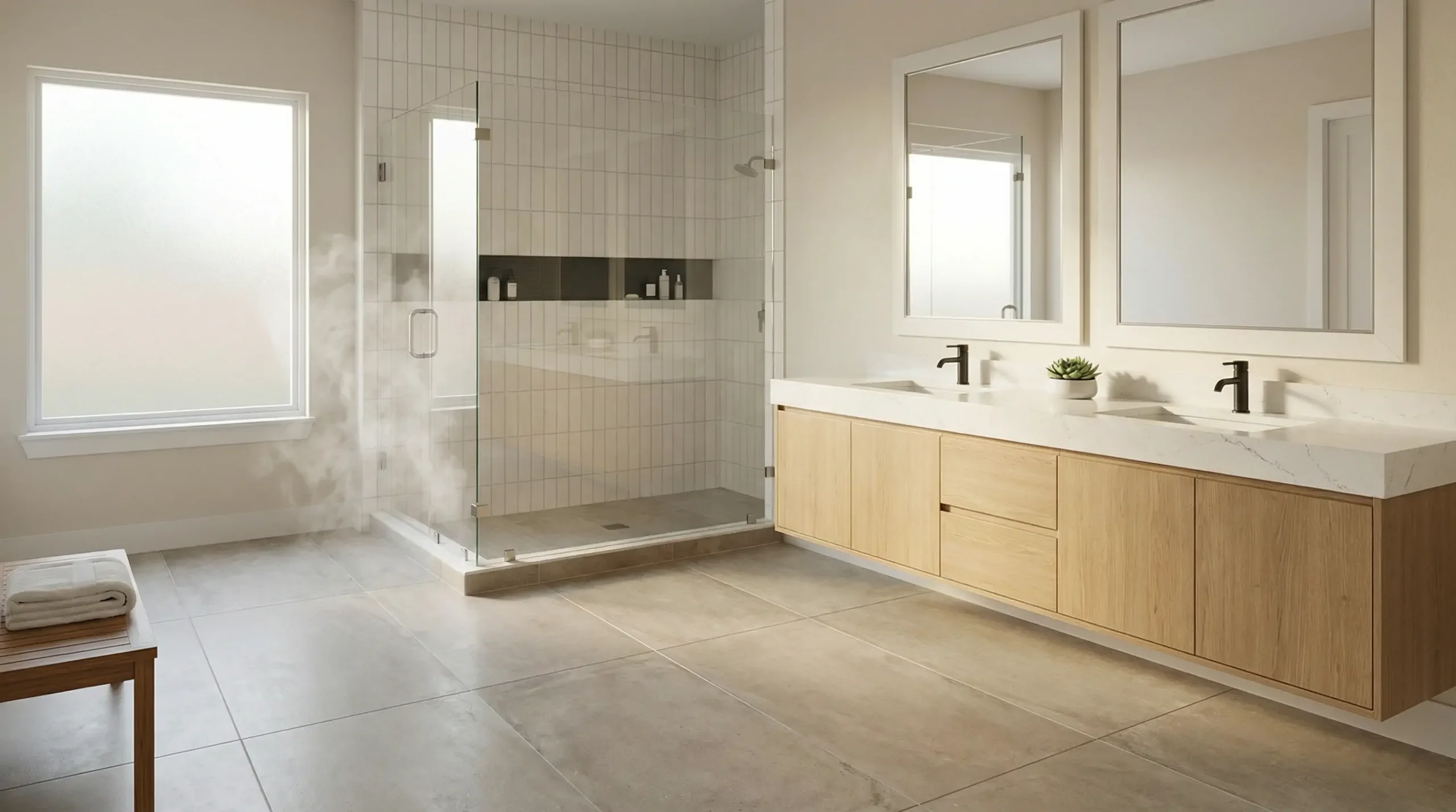 Modern bathroom with humidity-resistant porcelain tile flooring and quartz countertops designed for Houston's climate