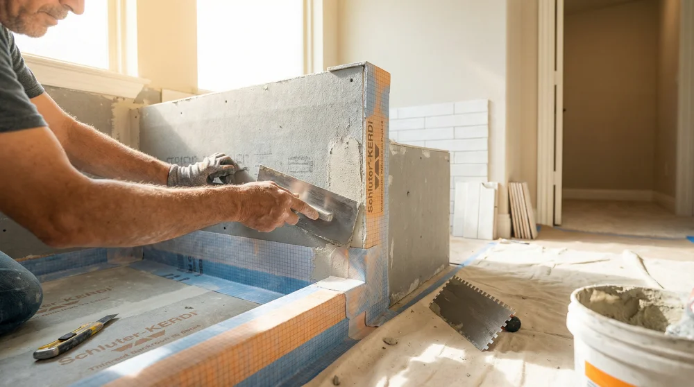 Professional bathroom waterproofing installation in Cypress Texas showing membrane application at shower wall transitions