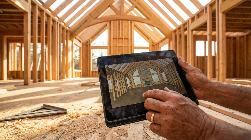 Builder portfolio evaluation showing 3D rendering compared to actual custom home construction progress