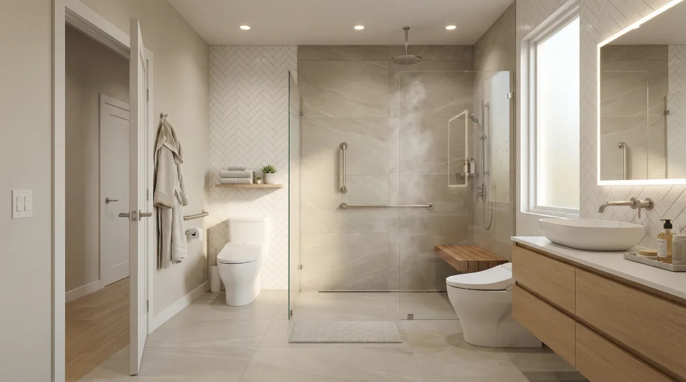 CAPS certified aging in place bathroom design with accessible features in Magnolia Texas custom home