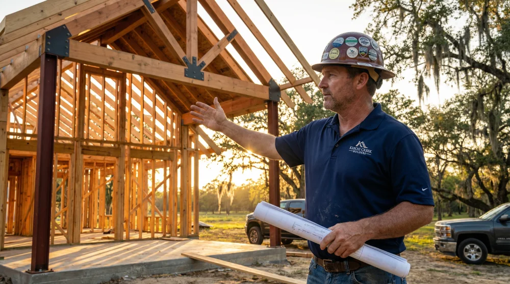 Certified custom home builder reviewing blueprints at a Magnolia Texas construction site with professional credentials visible