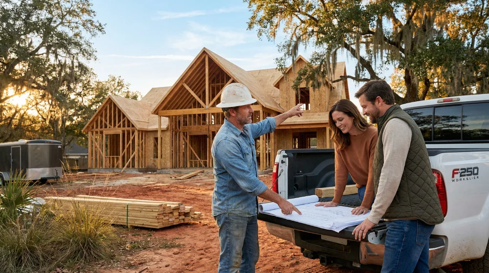 Custom home builder reviewing architectural plans with homeowners at Magnolia Texas construction site