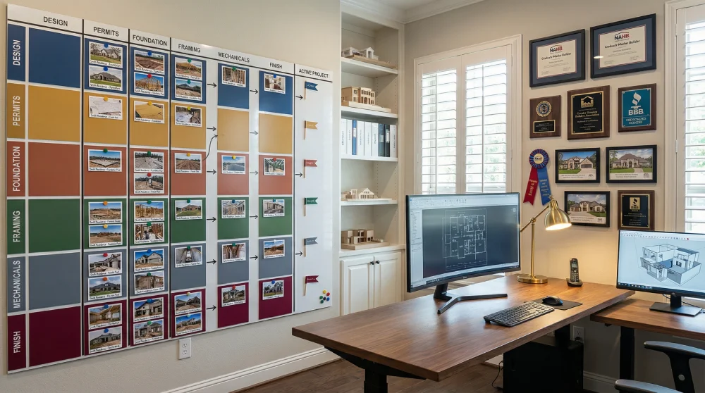 Design-build project management system showing custom home construction phases and builder credentials