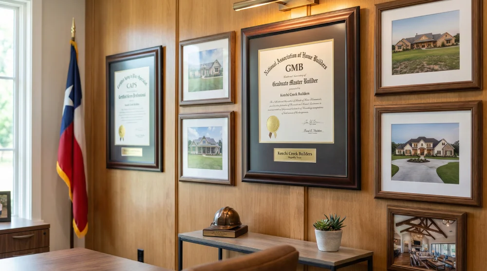 Graduate Master Builder GMB certification and NAHB credentials displayed in Texas custom home builder office