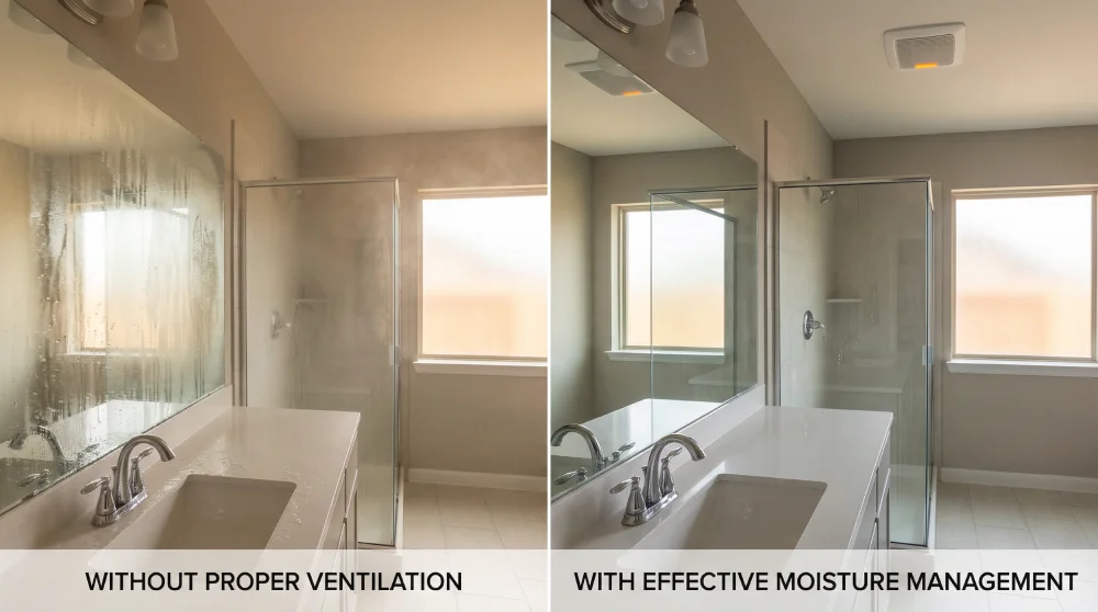 Houston bathroom humidity challenges showing moisture condensation and proper ventilation solution