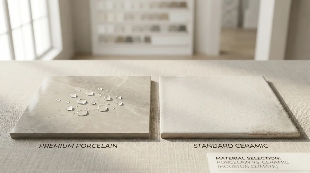Porcelain tile demonstrating superior moisture resistance compared to ceramic tile for Houston bathroom applications