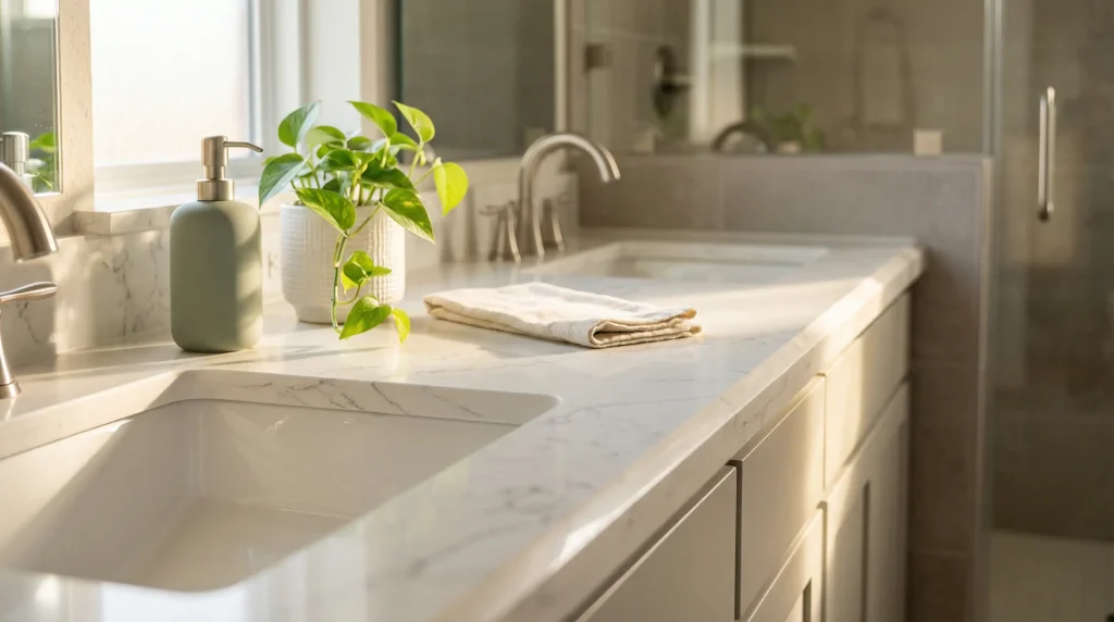 Non-porous quartz bathroom countertop ideal for high-humidity environments in Houston area homes