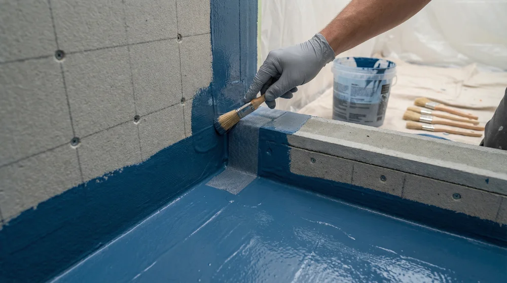Professional shower waterproofing system showing membrane installation at critical floor-to-curb-to-wall transition point