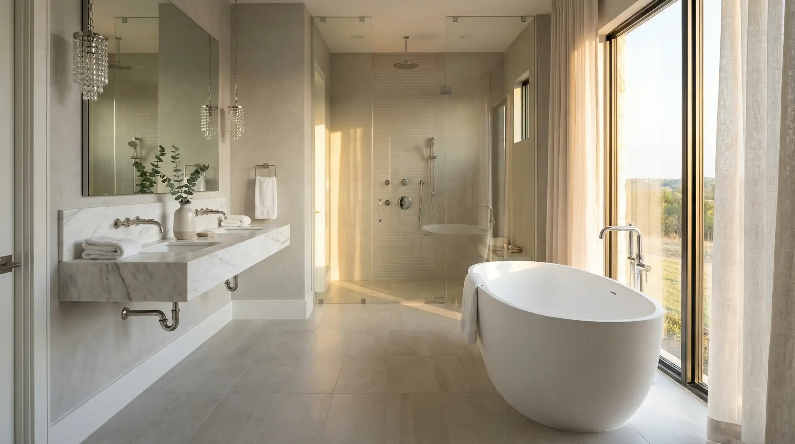 Spa-inspired bathroom features in a Cypress Texas luxury home with freestanding tub and frameless glass shower