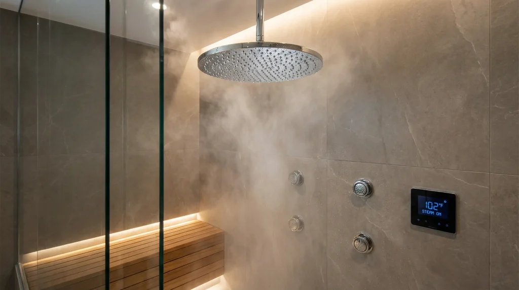 Walk-in shower design with rain showerhead and digital controls for Houston luxury bathroom remodel