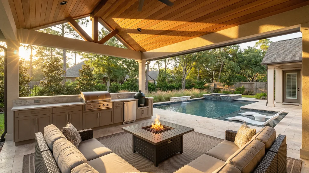 Custom outdoor living space in Houston Texas by Keechi Creek Builders featuring covered patio with tongue-and-groove cedar ceiling, built-in outdoor kitchen with quartzite countertops, Big Green Egg smoker station, and view of pool with native Texas landscaping