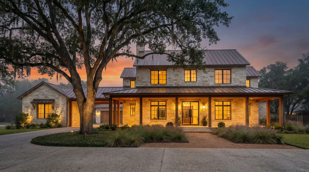 Award-winning custom home by Keechi Creek Builders in Houston Texas featuring Texas Hill Country limestone exterior, deep covered porch with cedar beams, professional landscape lighting at twilight, mature live oak trees, and native Texas landscaping