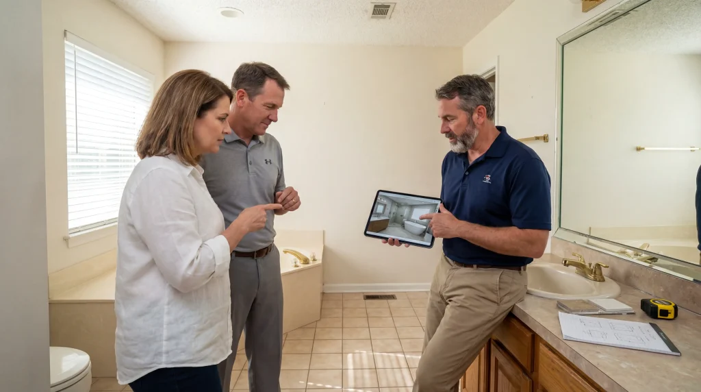 Design-build contractor showing 3D jacuzzi bathroom renovation rendering to Houston homeowners during in-home consultation in Cypress Texas