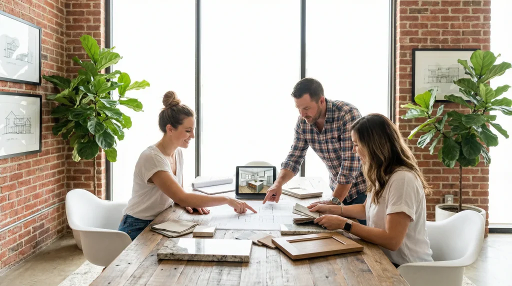 Design-build kitchen remodel consultation with material samples and 3D renderings in Houston Heights