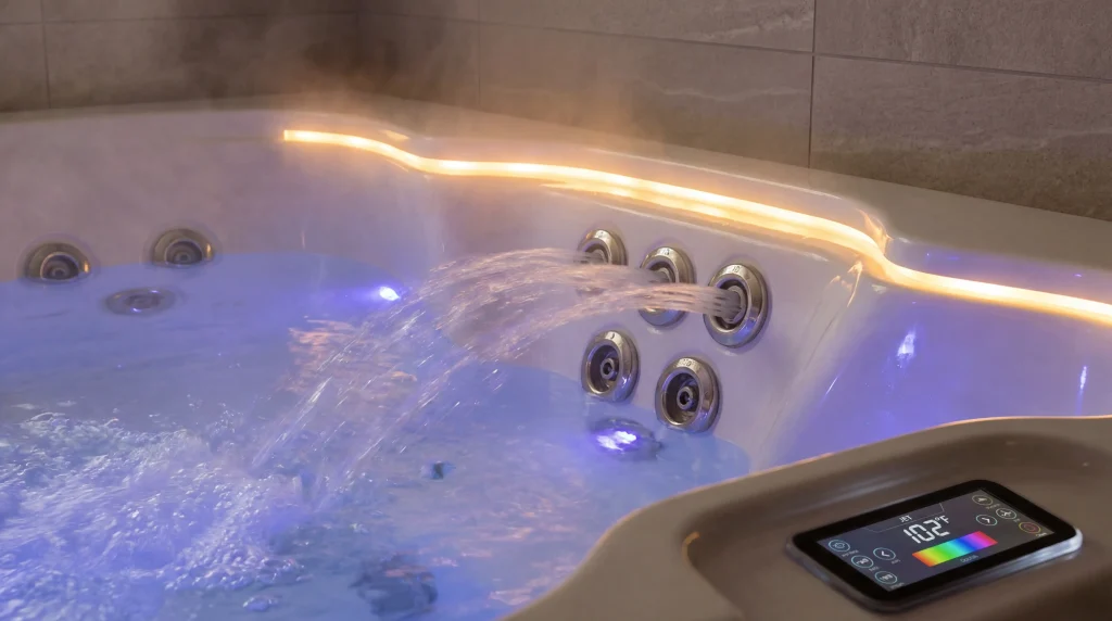Hydrotherapy whirlpool tub jets with chromatherapy LED lighting active during therapeutic operation in custom Houston bathroom renovation