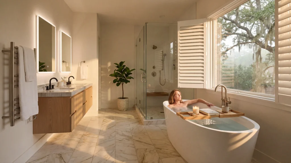 Luxury jacuzzi bath remodel near me featuring freestanding hydrotherapy tub in Memorial Houston master bathroom with Calacatta marble floors and live oak views