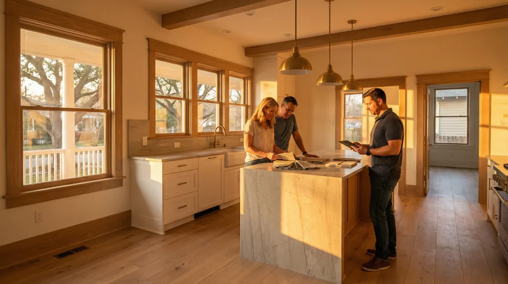 Kitchen renovation services in The Heights TX featuring custom cabinetry and quartzite island in a restored Houston bungalow