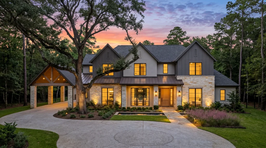 Completed luxury custom home in The Woodlands Texas photographed at twilight, Transitional architecture with Texas limestone and modern steel-framed windows, warm interior lighting glowing through floor-to-ceiling glass, preserved mature live oak and pine trees with professional landscape lighting, native Texas landscaping with muhly grass and natural groundcover