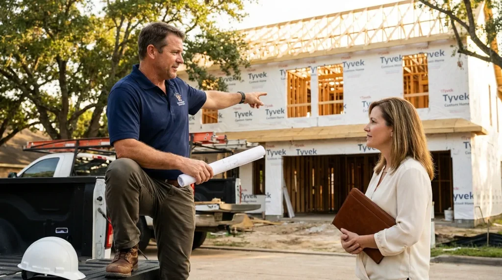 Brandon Lynch reviewing construction plans at a Cypress Texas custom home build site