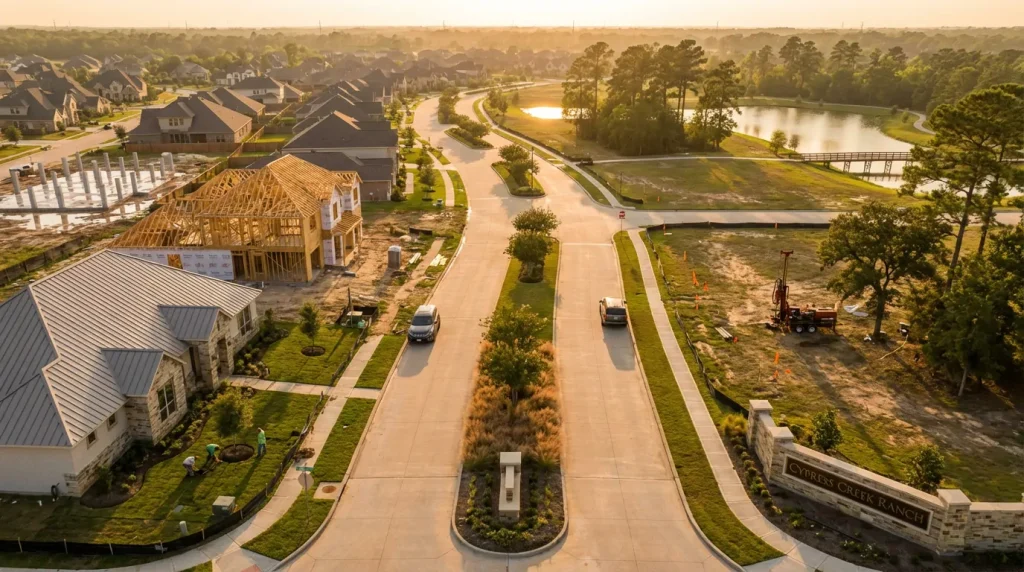 Aerial view of Cypress Texas master-planned community lots with custom homes under construction