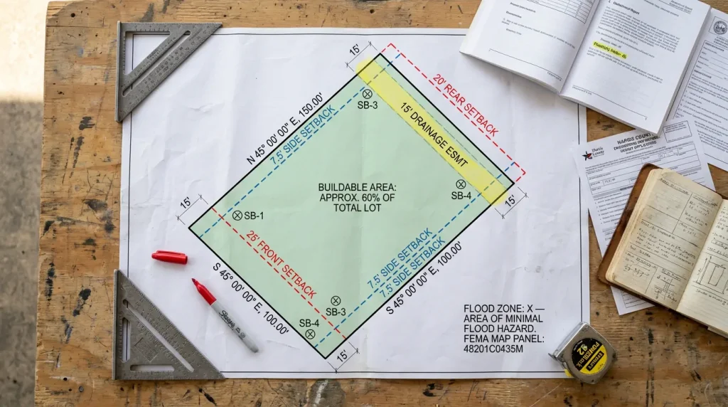 Detailed site plan showing setback lines and easements for a Cypress Texas custom home lot