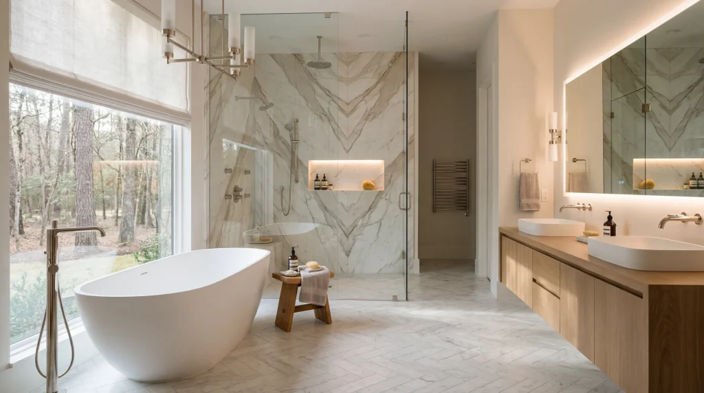 Spa-inspired primary bathroom renovation with freestanding tub and custom marble shower by Keechi Creek Builders in The Woodlands