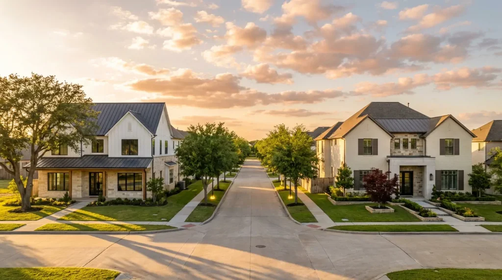 Modern farmhouse and transitional custom home exteriors compared side by side in Cypress TX master-planned community at golden hour
