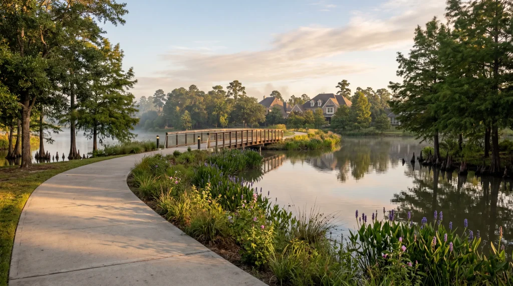 Scenic waterfront lifestyle setting in a Cypress Texas master-planned community with tree-lined walking trail, community lake, and custom homes in the background at morning light