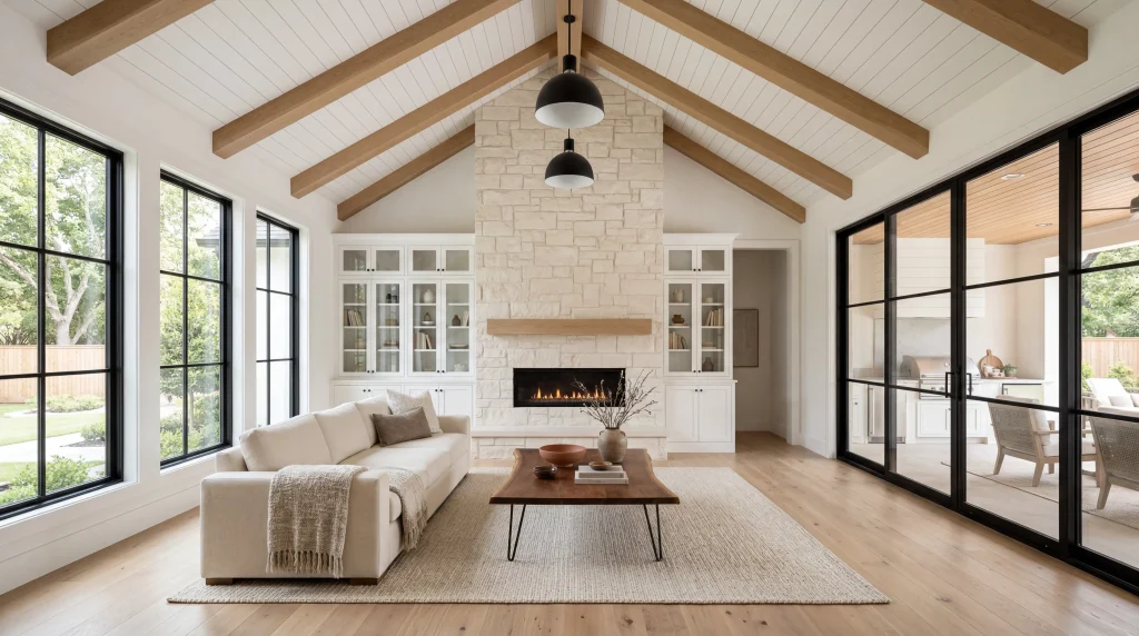 Luxury custom home great room interior in Cypress Texas with vaulted shiplap ceiling, floor-to-ceiling limestone fireplace, white oak hardwood floors, black steel windows, and natural light flooding the open-concept living space