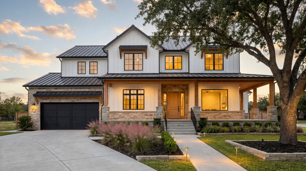 Award-winning custom home by Keechi Creek Builders in Cypress Texas featuring Modern Farmhouse architecture, board-and-batten exterior with stone base, standing seam metal roof, covered front porch with cedar beams, mature tree canopy, and professional landscape lighting at golden hour