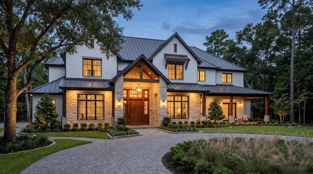Transitional luxury custom home exterior with Texas limestone and white brick designed and built by Keechi Creek Builders in The Woodlands, Texas