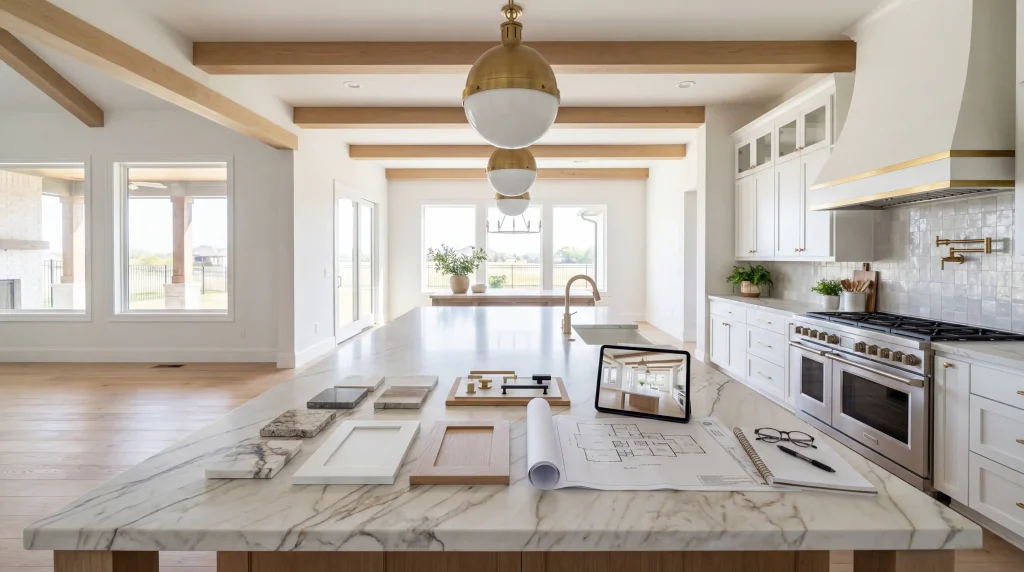 Modern farmhouse kitchen interior showing design consultation materials with quartzite samples and custom cabinetry details by Keechi Creek Builders