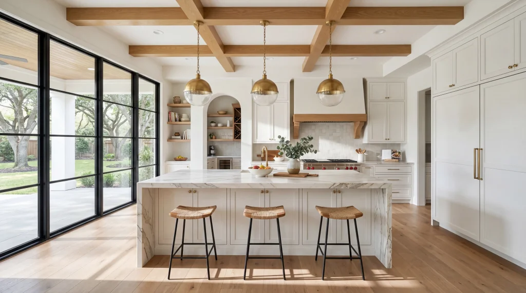 Open-concept modern farmhouse kitchen renovation with quartzite waterfall island and custom white shaker cabinetry by Keechi Creek Builders