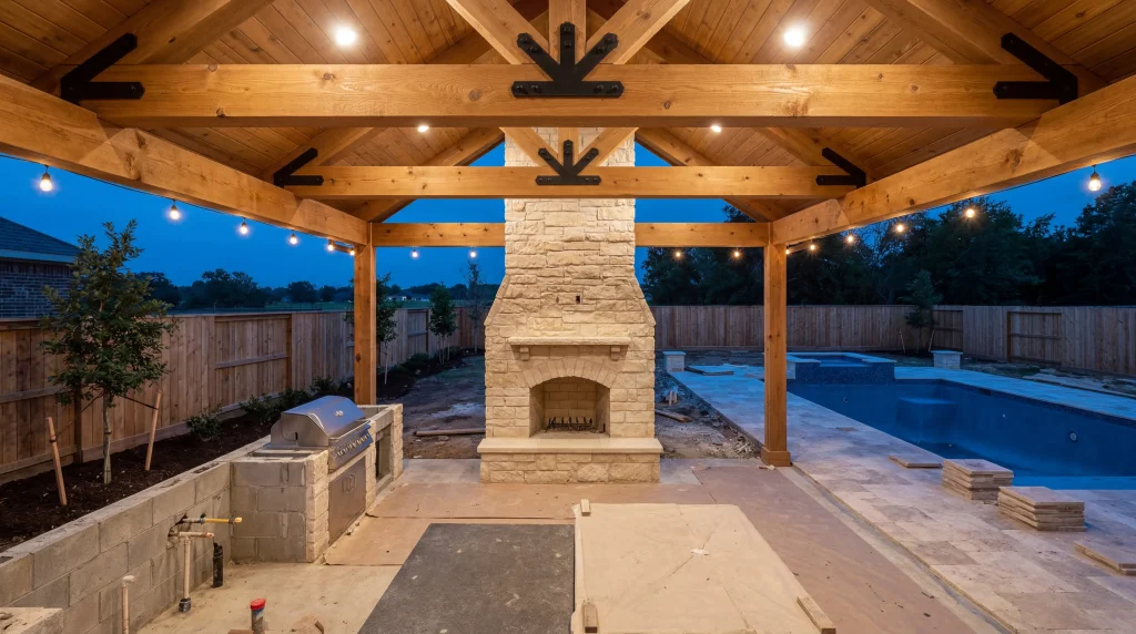 Custom outdoor kitchen and covered patio construction showing stone fireplace and cedar beam ceiling details by Keechi Creek Builders in Magnolia, Texas