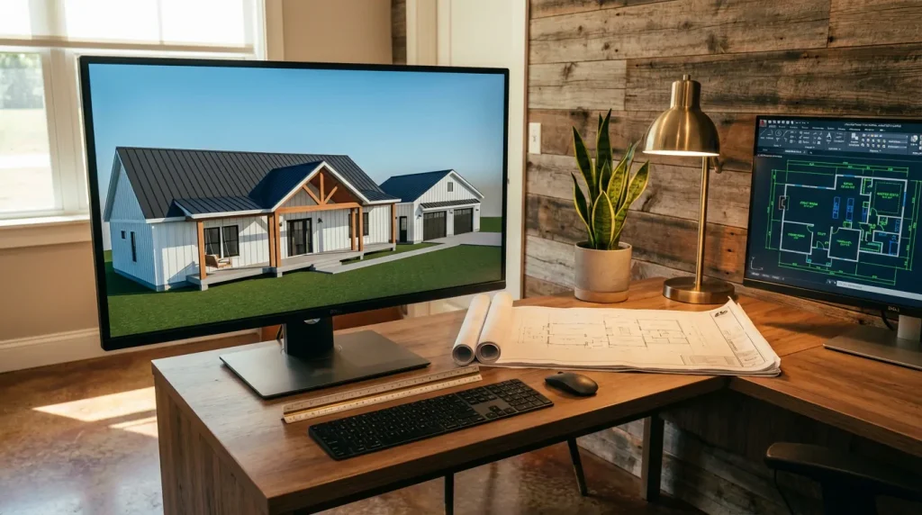 3D rendering of a modern farmhouse custom home design on a computer screen in a Magnolia Texas design-build office