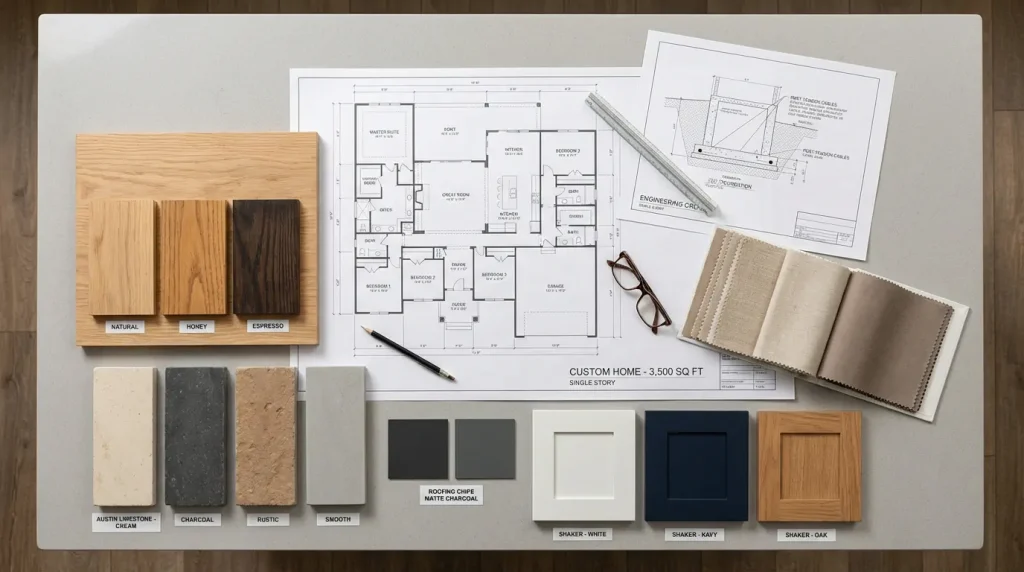 Architectural blueprints and material samples spread across a design consultation table for a Magnolia Texas custom home project