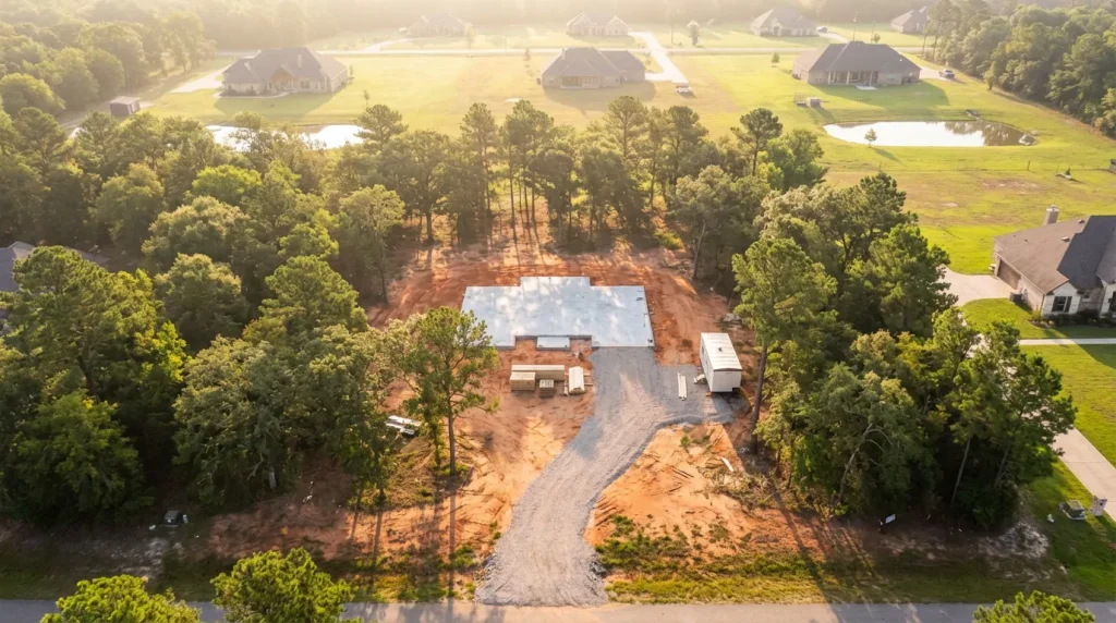 Aerial view of custom home construction site on wooded acreage in Magnolia Texas Montgomery County