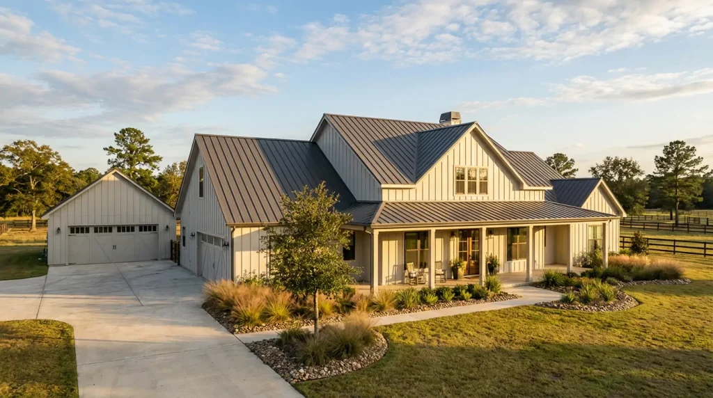 Modern farmhouse custom home exterior with covered front porch and detached garage on Magnolia Texas acreage