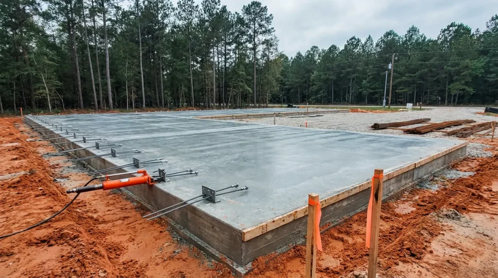 Post-tensioned concrete slab foundation with steel cables on a cleared custom home lot in Montgomery County Texas