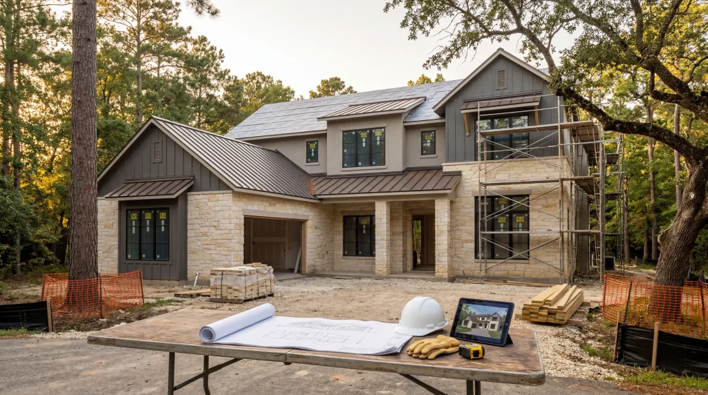 Custom home under construction in The Woodlands Texas by Keechi Creek Builders, featuring transitional architecture with Texas limestone veneer and steel-framed windows, preserved mature pine and oak trees with protective fencing, professional construction site with architectural blueprints, golden hour forest setting