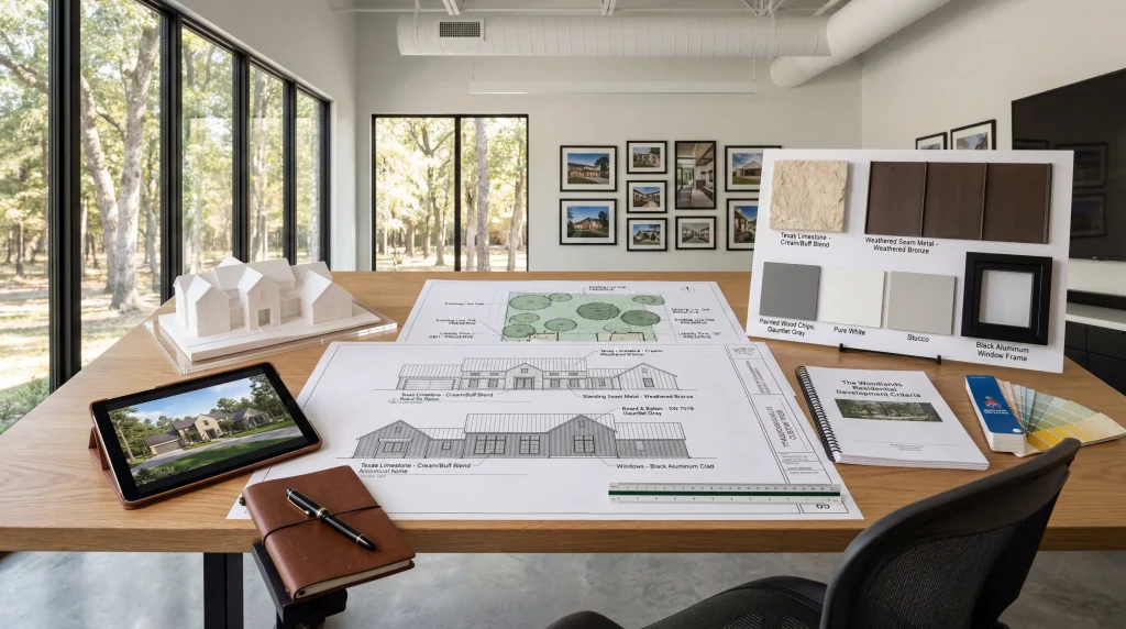Development Standards Committee design review process for The Woodlands Texas custom home, featuring architectural elevation drawings on drafting table, DSC-approved color samples, material specifications for Texas limestone and standing seam metal roofing, 3D printed home model, professional design studio with natural light