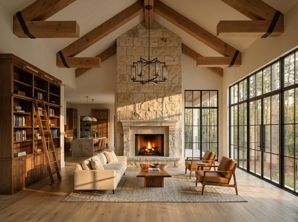 Custom home great room interior in The Woodlands TX — cedar beams, limestone fireplace, design-build architectural detail.