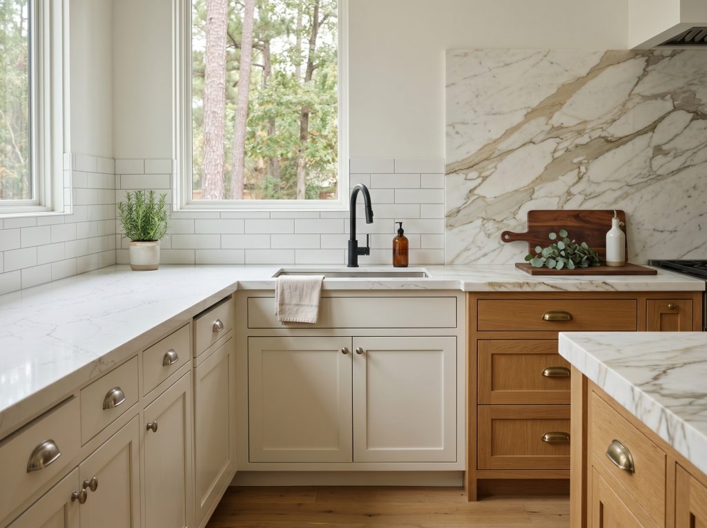 Mid-range vs luxury tier countertop and cabinetry comparison — Keechi Creek Builders, The Woodlands TX
