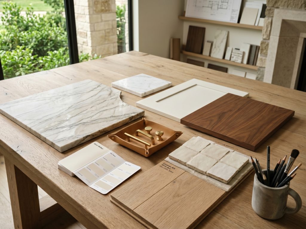 Kitchen remodel materials selection board — coordinating cabinetry, stone, and hardware for a Carlton Woods village home