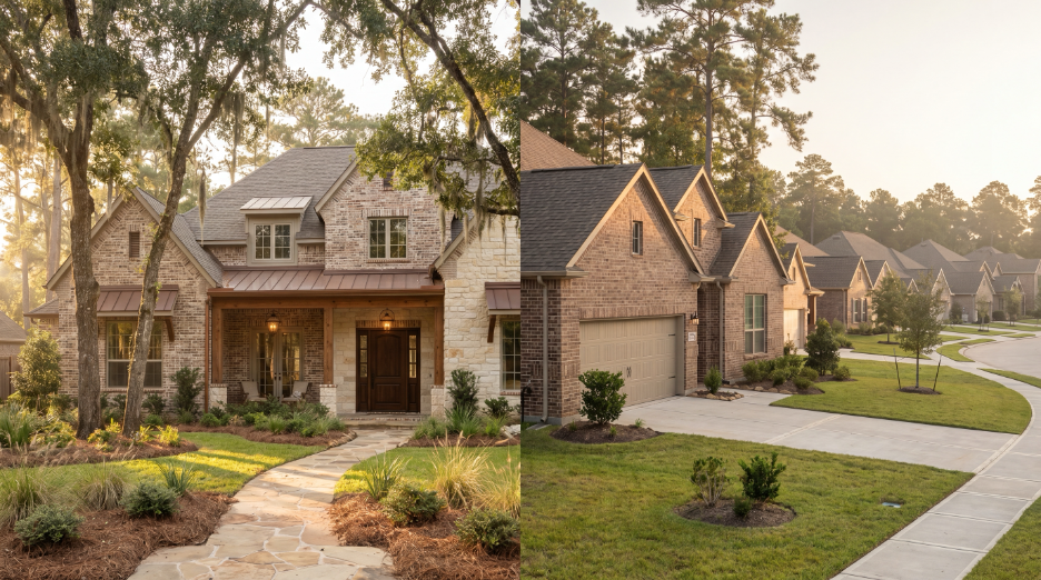 Custom home vs production home comparison in The Woodlands TX — luxury custom home exterior with architectural detail